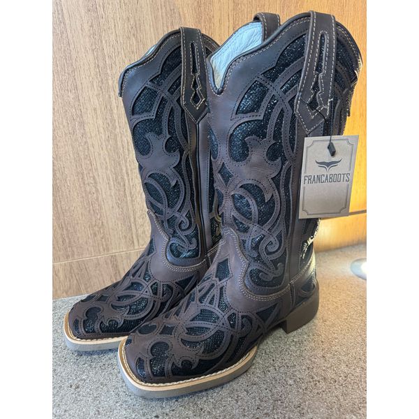 Bota texana hopper feminina bordada laser couro cafe brilho preto 