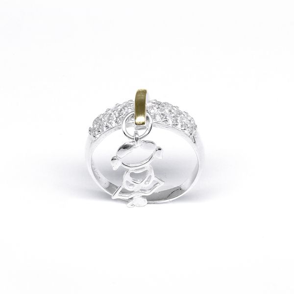 Anel Prata 925 Com Pingente De Menina Aplique De Ouro E Zircônias