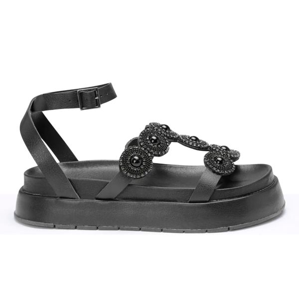 Sandália Grega Flatform Feminina Pedraria - Preto