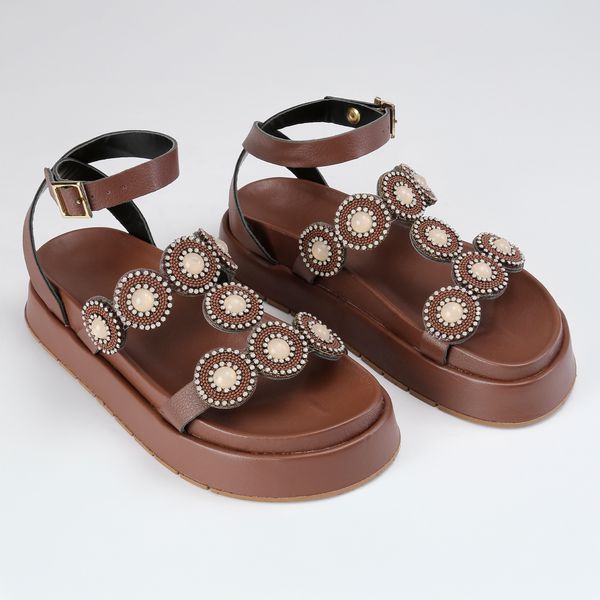 Sandália Grega Flatform Feminina Pedraria - Café