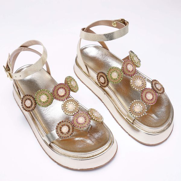 Sandália Grega Flatform Feminina Pedraria - Dourada