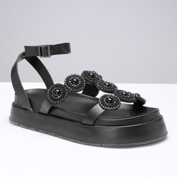 Sandália Grega Flatform Feminina Pedraria - Preto