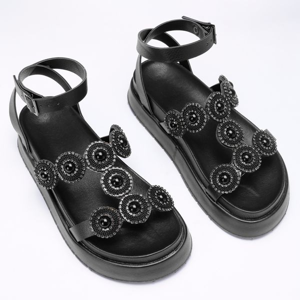 Sandália Grega Flatform Feminina Pedraria - Preto