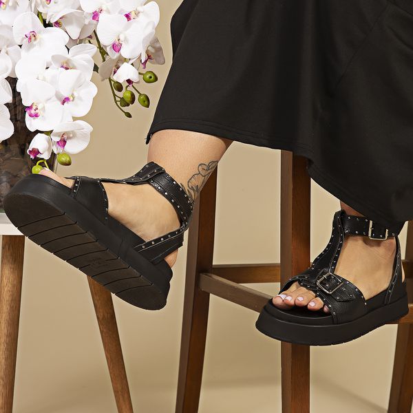 Sandália Feminina Plataforma Flatform Taxas - Preto