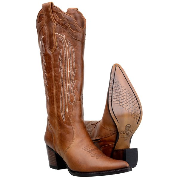 Bota Texana Feminina Em Couro Castor Cano Longo e Bordado Bege