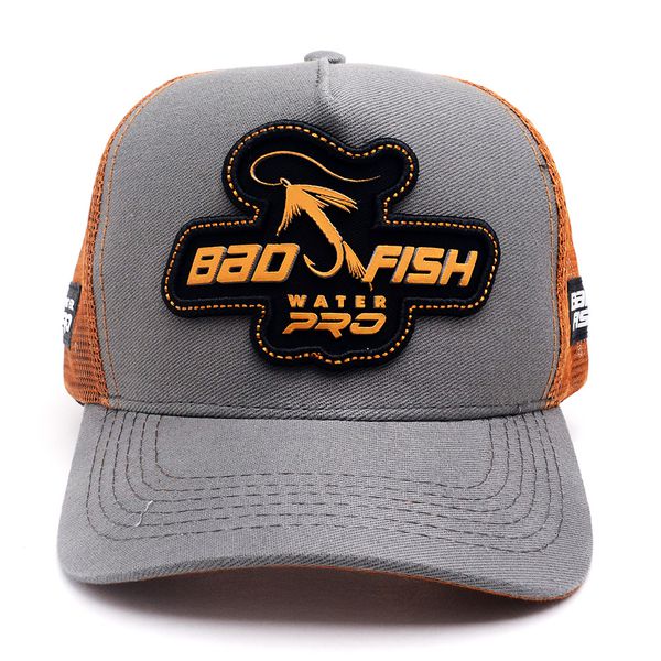 Boné Bad Fish Esporte Pesca Bordado Ancora Laranja e Cinza