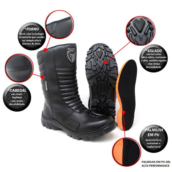 Coturno Militar Motociclista Preto Fulgore C/ Zíper Bota Tático