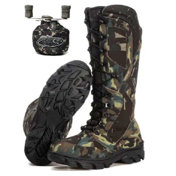 Kit Bota Coturno Militar Cano Alto Fulgore Caça e Pesca + Capa Molinete
