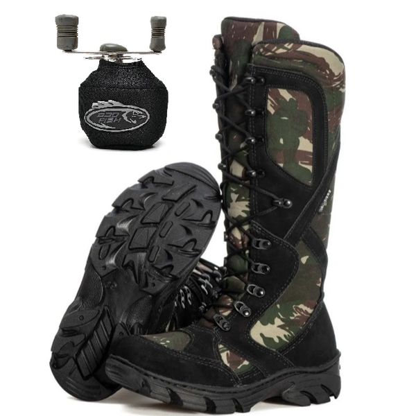 Kit Bota Coturno Militar Cano Alto Fulgore Caça e Pesca + Capa Molinete