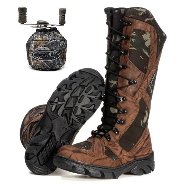Kit Bota Coturno Militar Cano Alto Fulgore Caça e Pesca + Capa Molinete