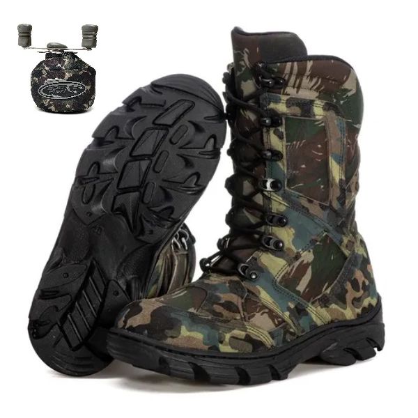 Kit Bota Coturno Militar Cano Medio Fulgore Caça e Pesca + Capa Molinete 