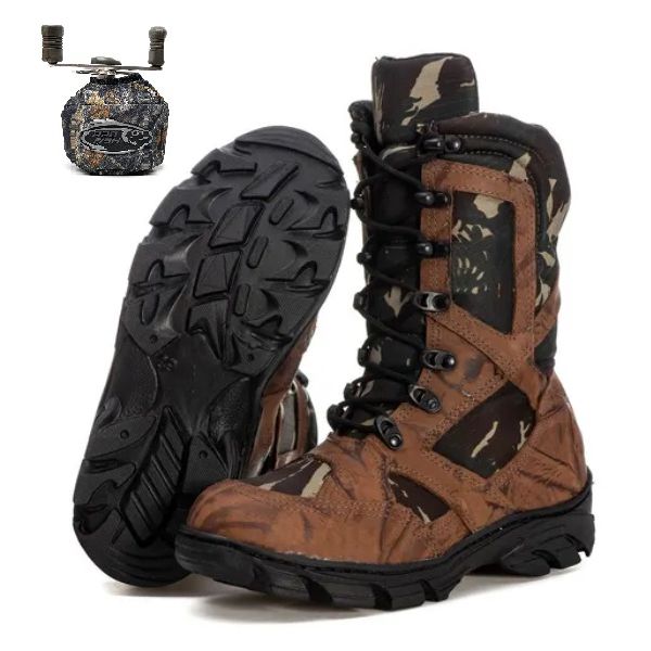 Kit Bota Coturno Militar Cano Medio Fulgore Caça e Pesca + Capa Molinete