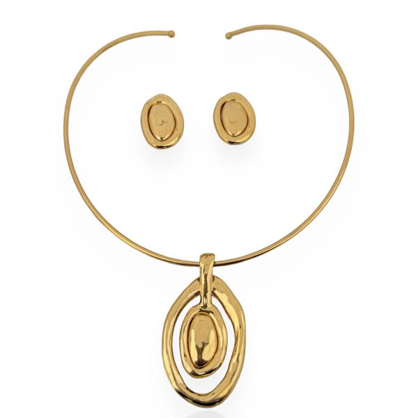 CONJUNTO COLAR E BRINCO FOLHEADO A OURO 18K OVAL MARTELADO