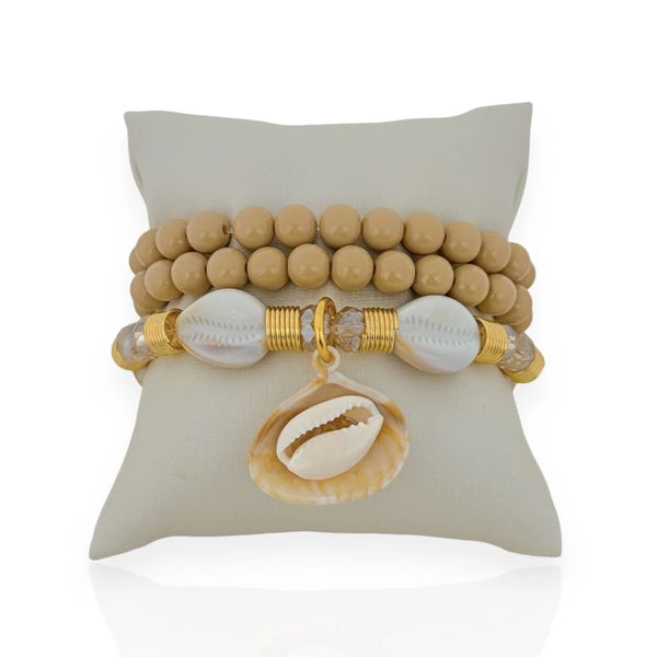 TRIO DE PULSEIRA PEDRAS E CRITAIS BUZIOS E CONCHAS