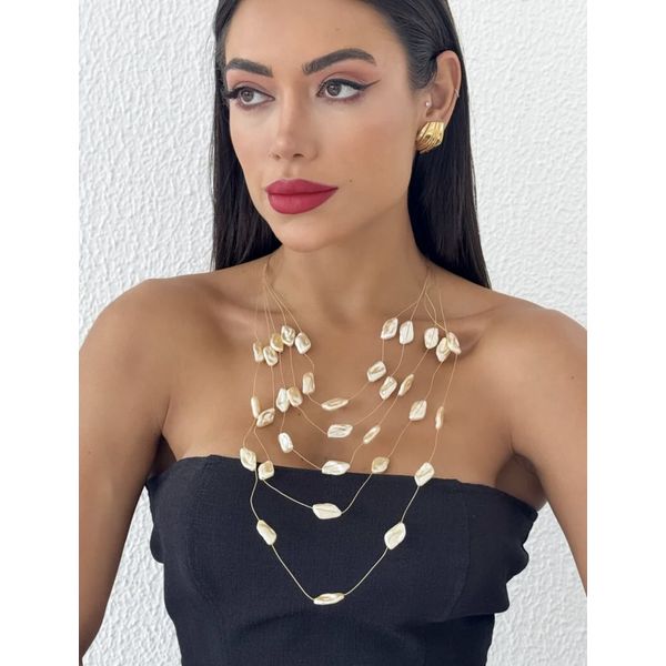COLAR LONGO FOLHEADO A OURO 18K PEROLAS MARTELADAS