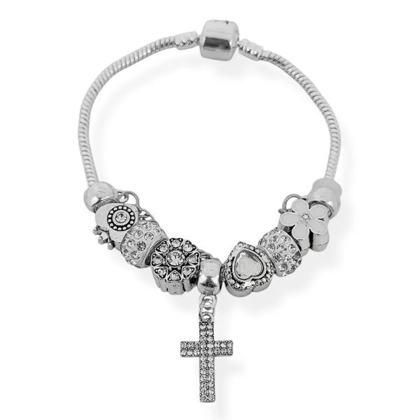 PULSEIRA FOLHEADO A PRATA INSPIRACAO COM BERLOQUES DE COTACAO E CRUZ CRAVEJADA