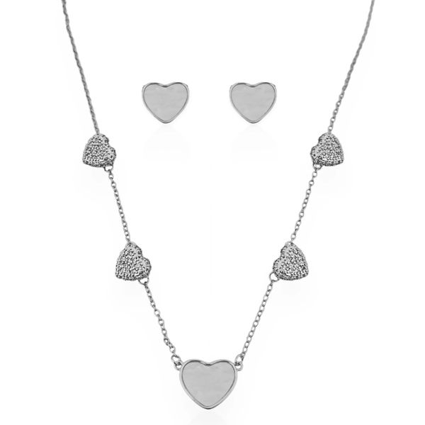 CONJUNTO COLAR E BRINCO FOLHEADO A PRATA CORACOES MICRO ZIRCONIAS