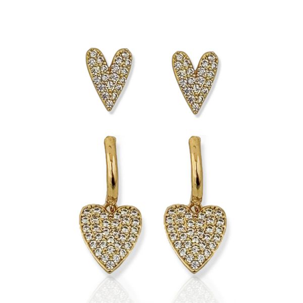 BRINCO DUPLO FOLHEADO A OURO 18K E PRATA CORACAO DE ZIRCONIAS