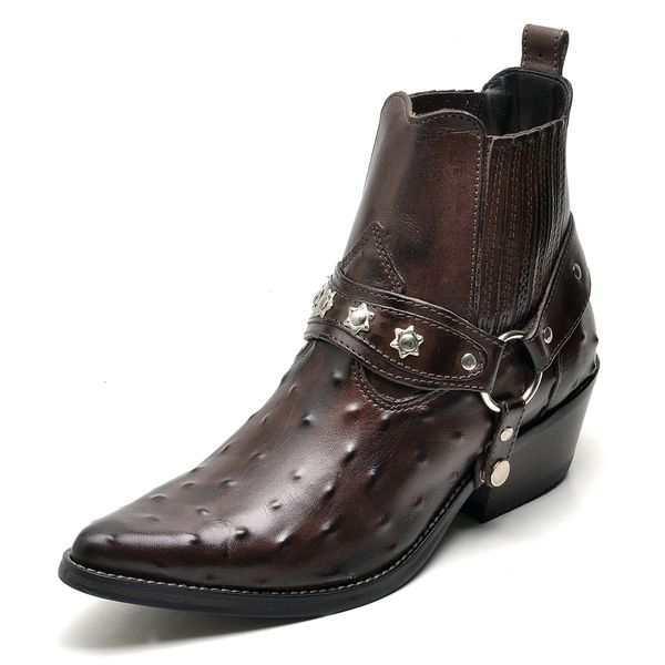 Bota Masculina Cano Curto Bico Fino Couro Avestruz