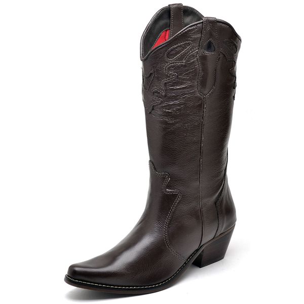 Bota Feminina Cano Alto Couro Liso Bico Fino Montaria