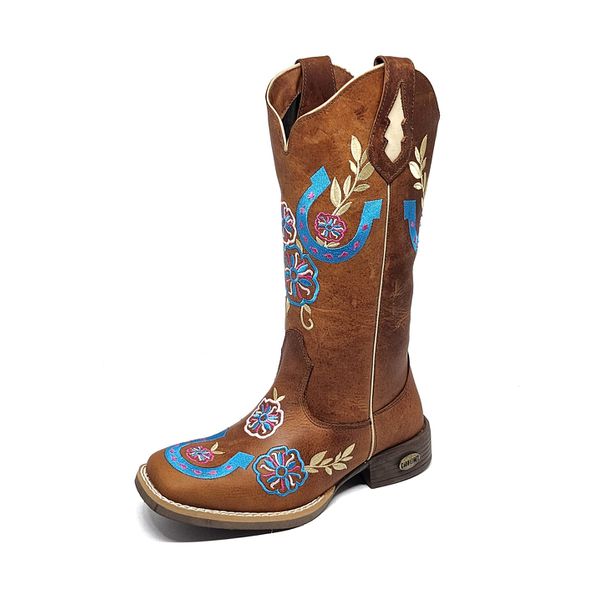 Bota Texana Country Feminina Cano Alto Couro Bordado Floral