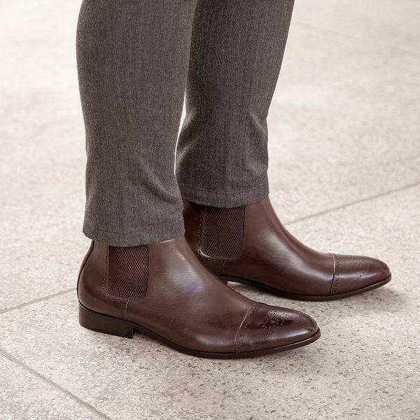 Chelsea Boot Social Masculina Brogue em Couro Caf GIANNO GIANNO