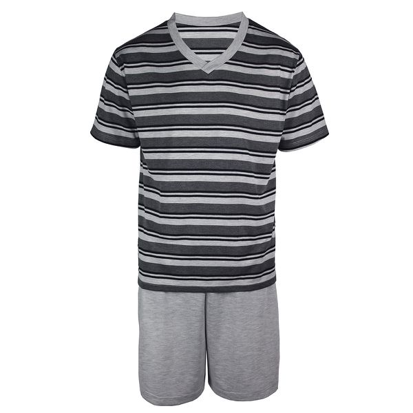 Pijama masculino curto, camiseta com gola V e shorts. Tecido PV, Camiseta (73% poliéster e 27% viscose), shorts (65% poliéster e 35% viscose). Na cor cinza. 