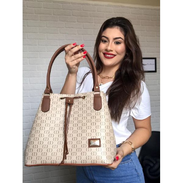 Bolsa Feminina Estilo Saco Grande De Ombro estampada Bege - Gouveia Costa 