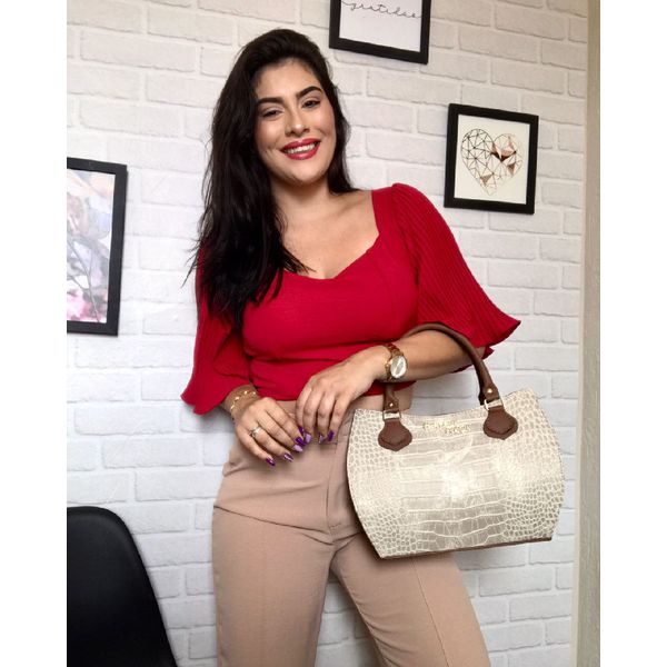 Kit 3 Peças Bolsa Tote Media + Bolsa Transversal + Carteira Croco Marfim - Gouveia Costa 