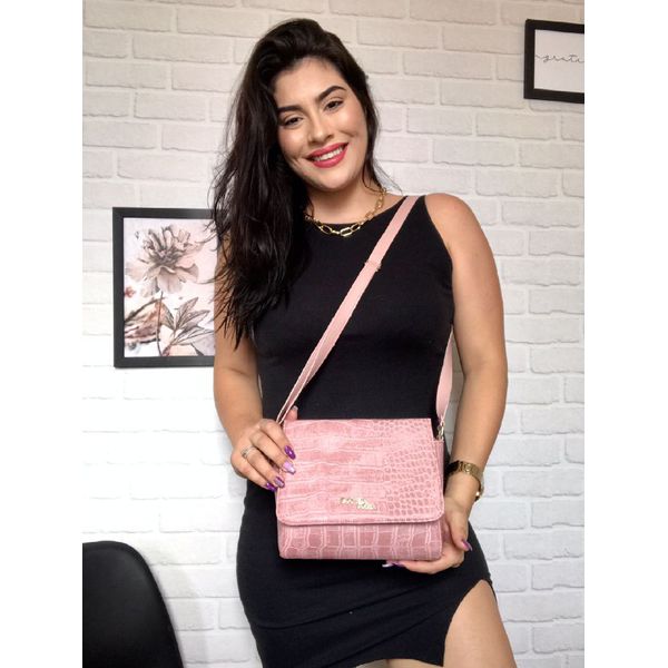 Kit 3 Peças Bolsa Tote Media + Bolsa Transversal + Carteira Croco Rosa - Gouveia Costa 