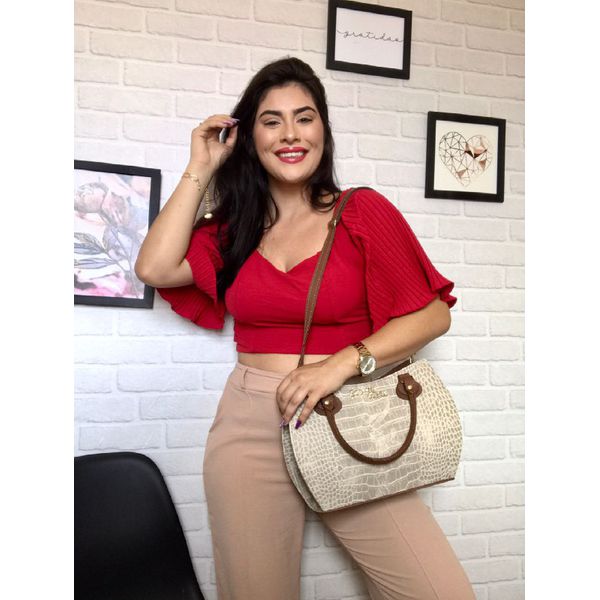 Kit 3 Peças Bolsa Tote Media + Bolsa Transversal + Carteira Croco Marfim - Gouveia Costa 