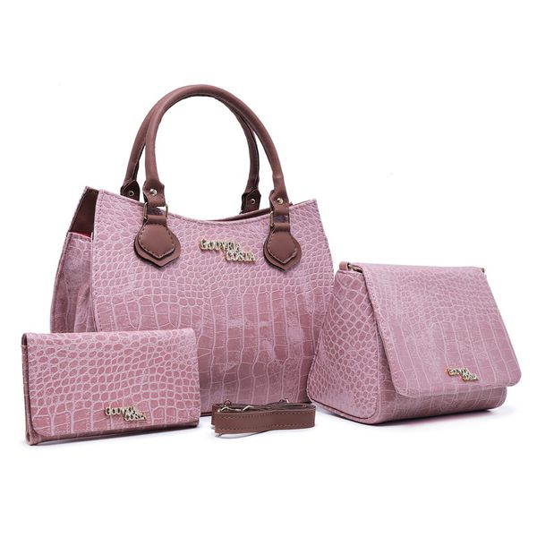 Kit 3 Peças Bolsa Tote Media + Bolsa Transversal + Carteira Croco Rosa - Gouveia Costa 