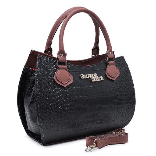 Kit 3 Peças Bolsa Tote Media + Bolsa Transversal + Carteira Croco Preta - Gouveia Costa