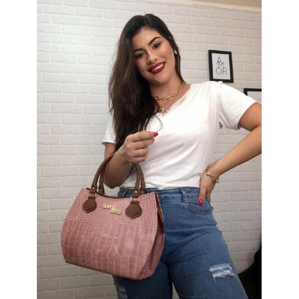 Kit 3 Peças Bolsa Tote Media + Bolsa Transversal + Carteira Croco Rosa - Gouveia Costa 