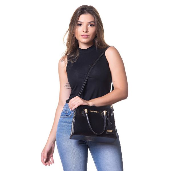 Bolsa Luxo Feminina Preta Baú Alça de Mão e Transversal - Gouveia Costa 