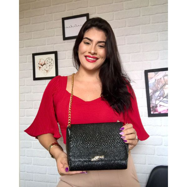 Bolsa Feminina Estilo Baú Transversal corrente Verniz Preta - Gouveia Costa