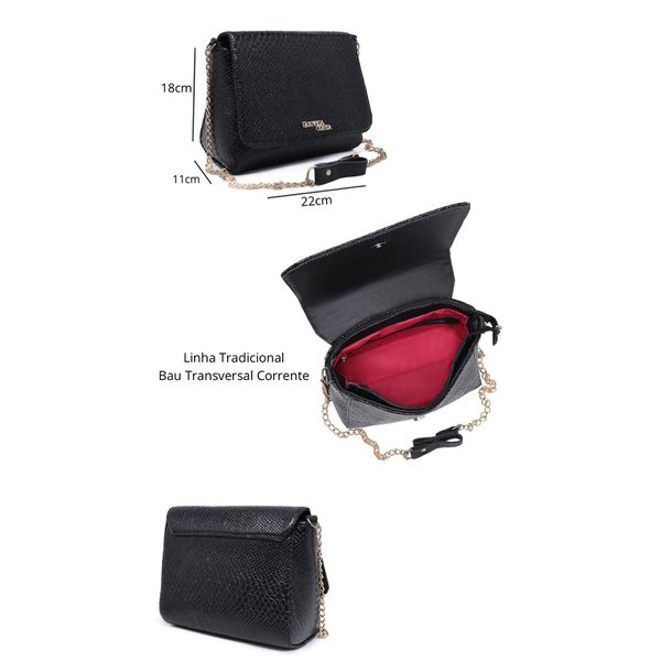 Bolsa Feminina Estilo Baú Transversal corrente Verniz Preta - Gouveia Costa