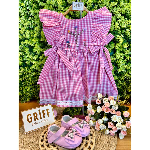  Vestido Jardim Fru-fru Xadrez Rosa