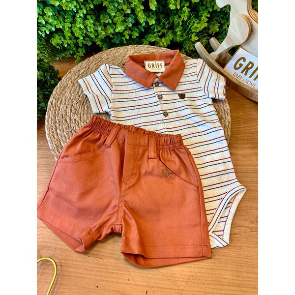 Conjunto Body Listrado Polo + Short Bebê