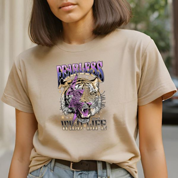 Camiseta Feminina T-shirts Tigre Raio Roxo - Caqui