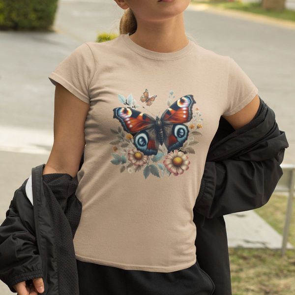 Camiseta Feminina Borboleta Florida 100% Algodão - Cáqui