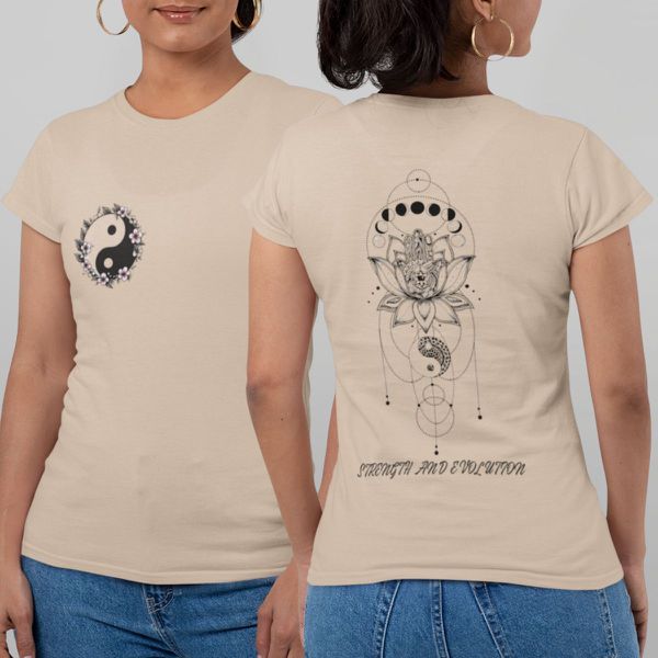 Camiseta Feminina Yin Yang Flor De Lótus Frente E Costas 100% Algodão - Caqui