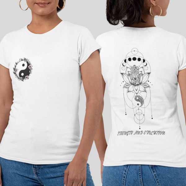 Camiseta Feminina Yin Yang Flor De Lótus Frente E Costas 100% Algodão - Branco