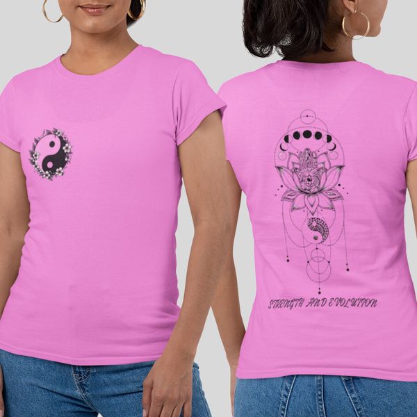 Camiseta Feminina Yin Yang Flor De Lótus Frente E Costas 100% Algodão - Rosa