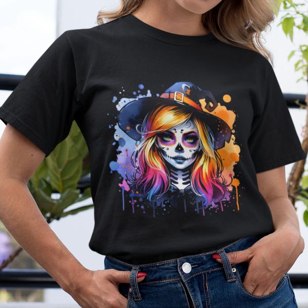 Camiseta Básica Feminina Bruxa Halloween Colorida 100% Algodão Premium - Preto