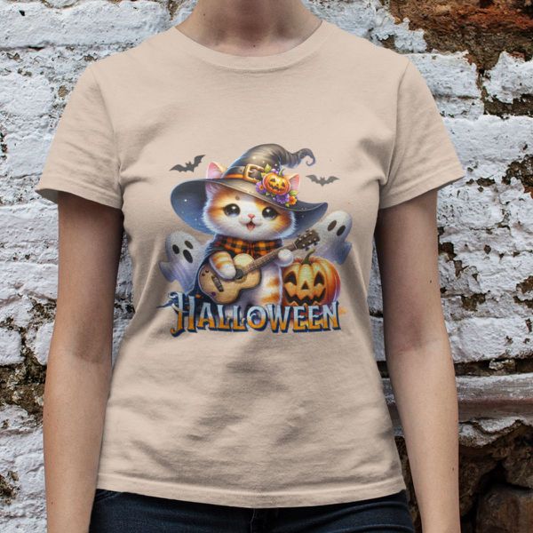 Camiseta Básica Feminina Gatinho Fofo Halloween Violão 100% Algodão Premium - Caqui