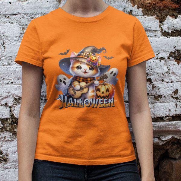 Camiseta Básica Feminina Gatinho Fofo Halloween Violão 100% Algodão Premium - Laranja