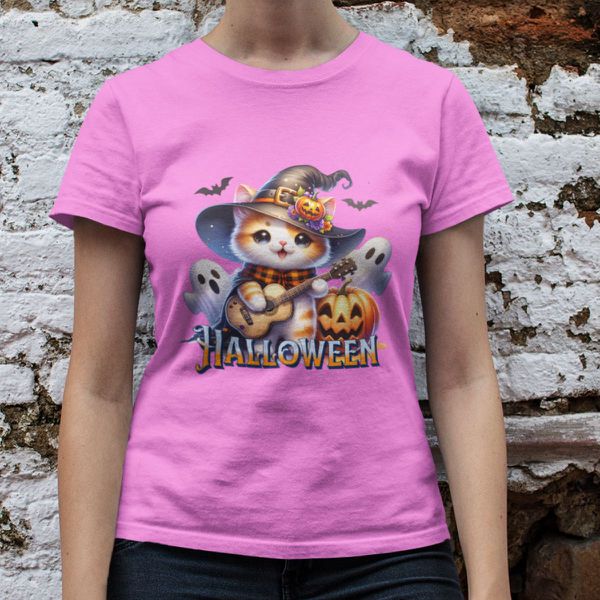 Camiseta Básica Feminina Gatinho Fofo Halloween Violão 100% Algodão Premium - Rosa