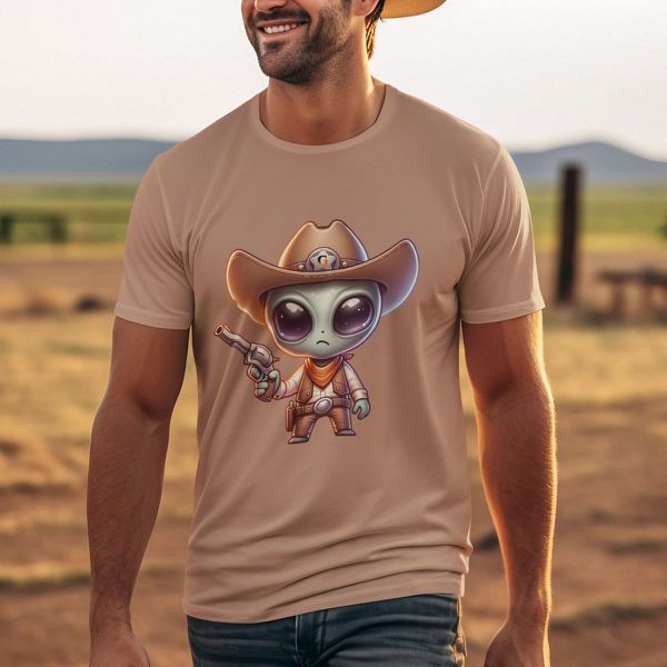 Camiseta Básica Masculina Alien Cowboy Faroeste 100% Algodão Premium - Caqui