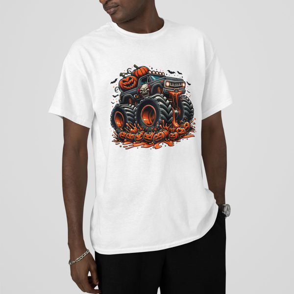 Camiseta Básica Masculina Halloween Monster Truck 100% Algodão Premium - Branco